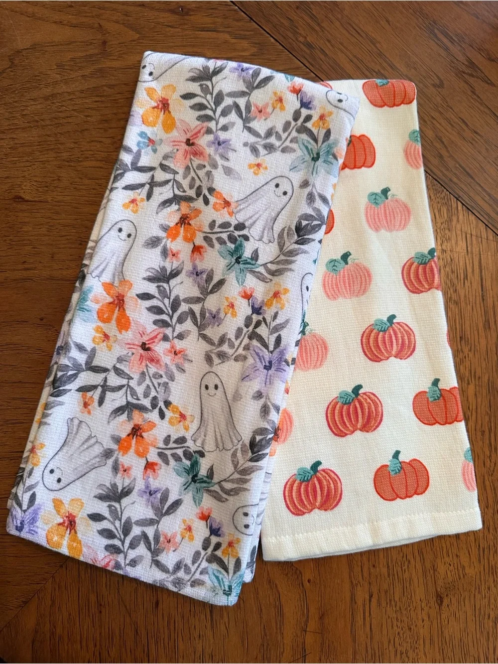 Halloween Kitchen Towels Set of 2 Ghost Floral Pumpkins Cottagecore Fall